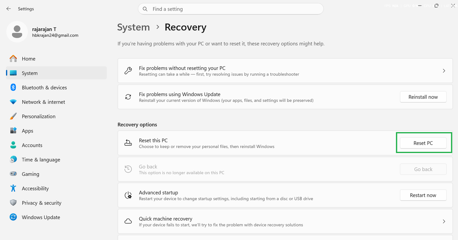 Reset the laptop recovery setting