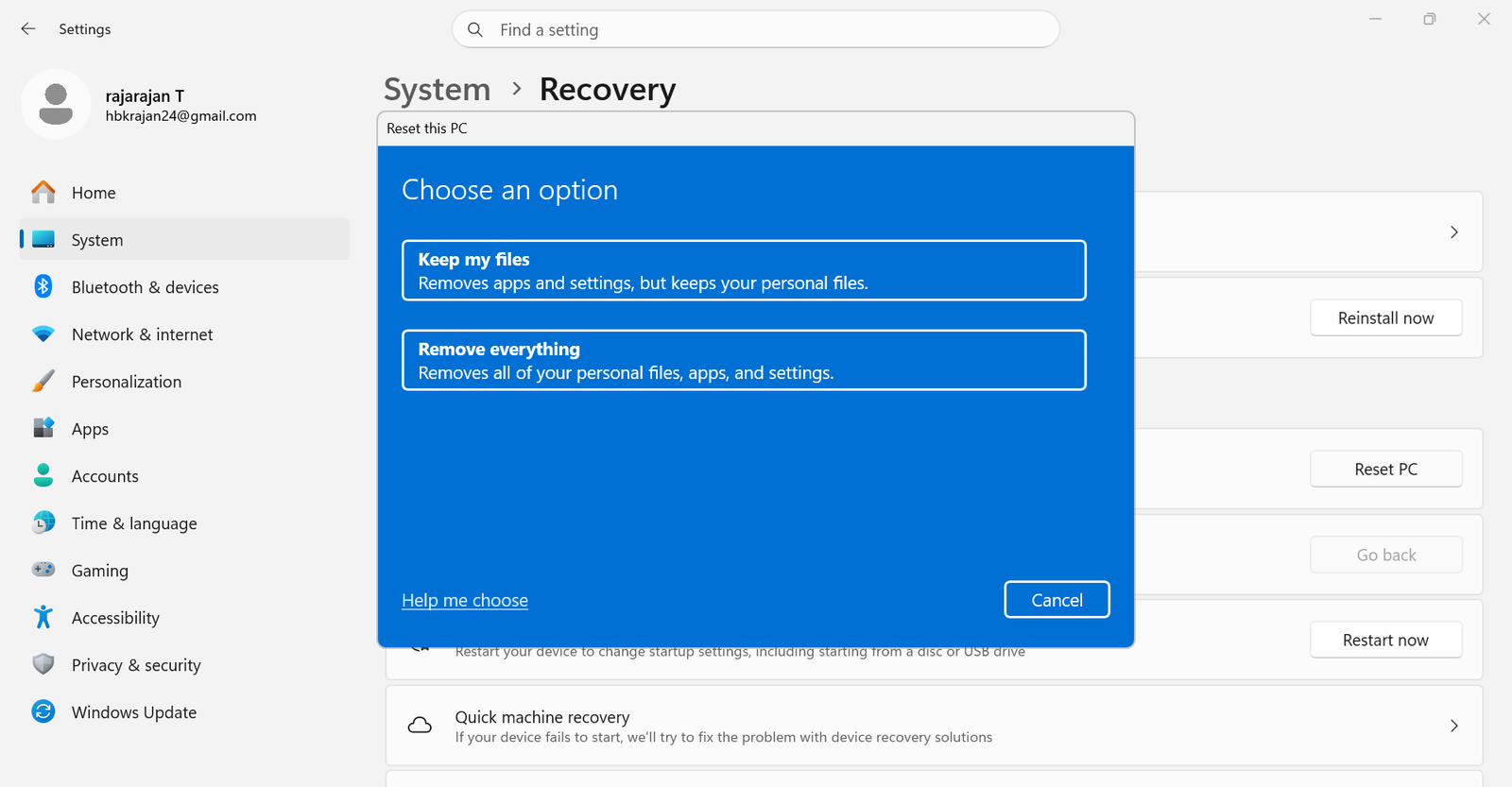 Reset the laptop windows 11 options