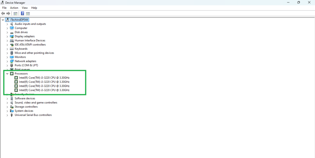 Device Manager Processors list showing four Intel Core i3-3220 entries, one per thread