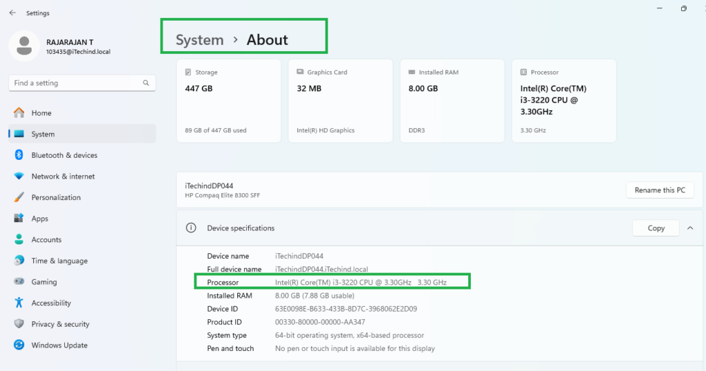Windows 11 Settings About page showing the processor name Intel Core i3-3220 CPU @ 3.30GHz