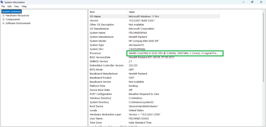 System Information msinfo32 Processor row showing Intel Core i3-3220, 3300 MHz, 2 cores, 4 logical processors