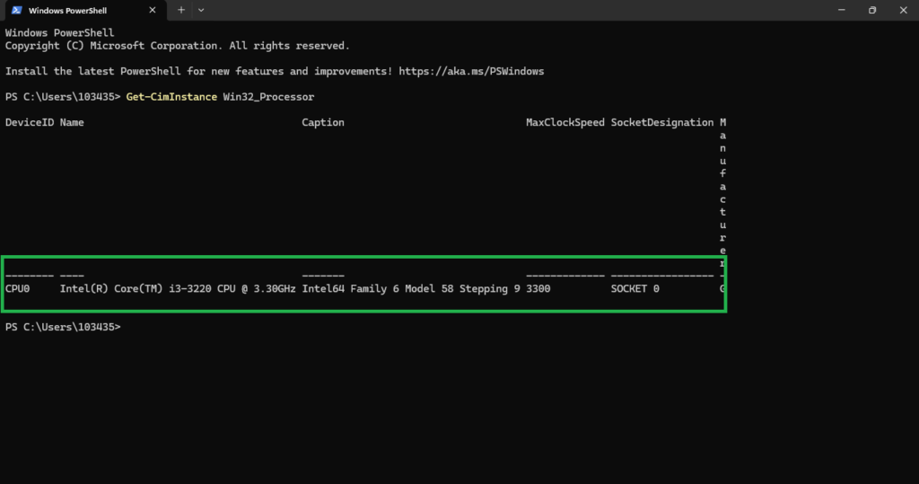 PowerShell Get-CimInstance Win32_Processor command output showing processor name and max clock speed