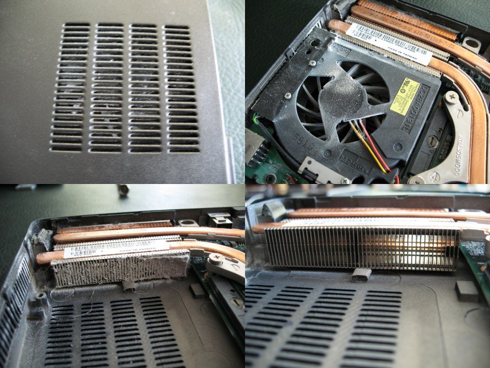 Dust clogged laptop heatsink fins that cause overheating and a slow laptop
