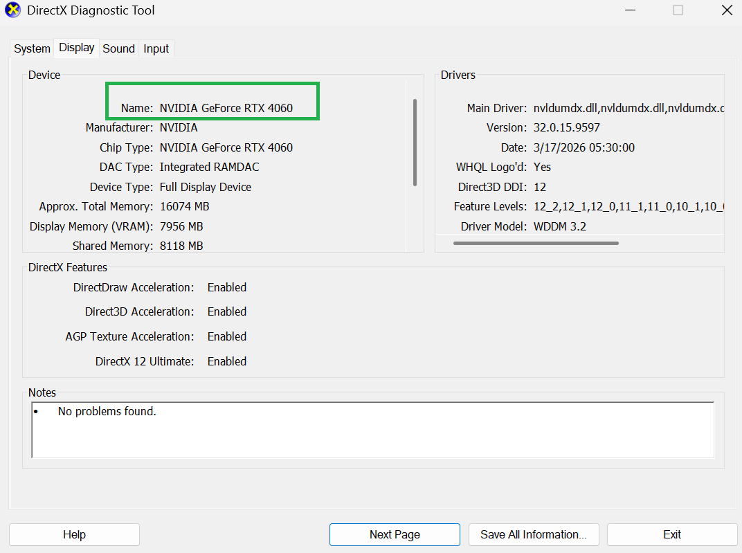 how to check graphics card in laptop directx