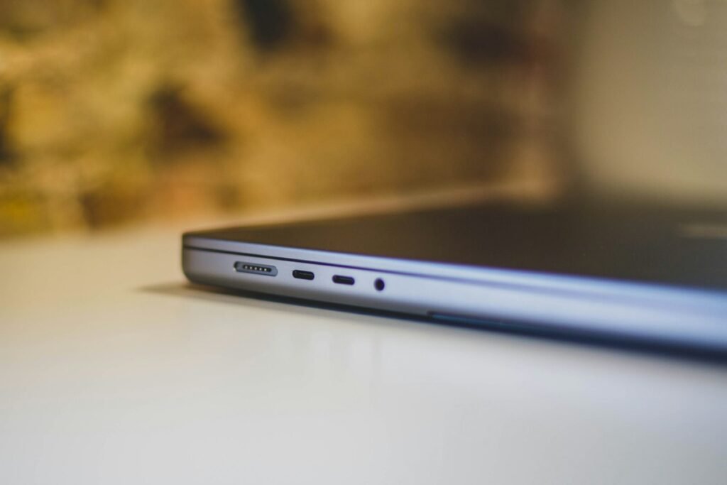Close-up of laptop side ports including USB-C and headphone jack