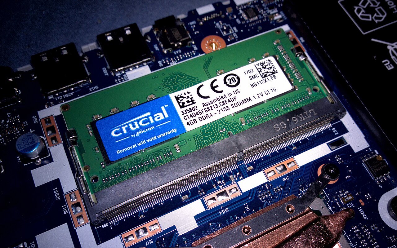 Laptop RAM stick installed in a SO-DIMM slot on the motherboard
