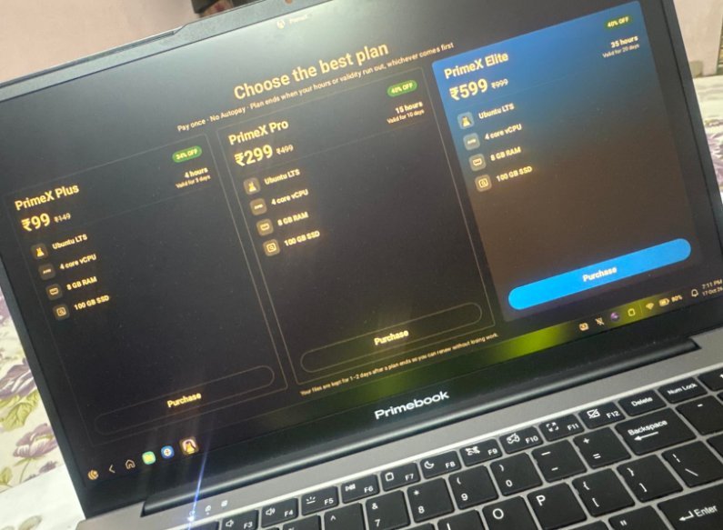 Primebook budget laptop screen showing its PrimeX cloud PC plans