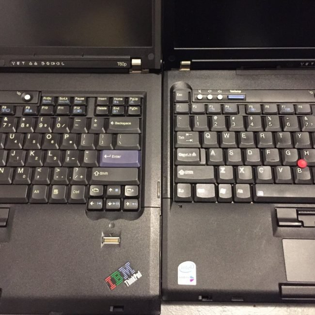 14-inch ThinkPad T60 next to a 15-inch ThinkPad T60 keyboard size comparison